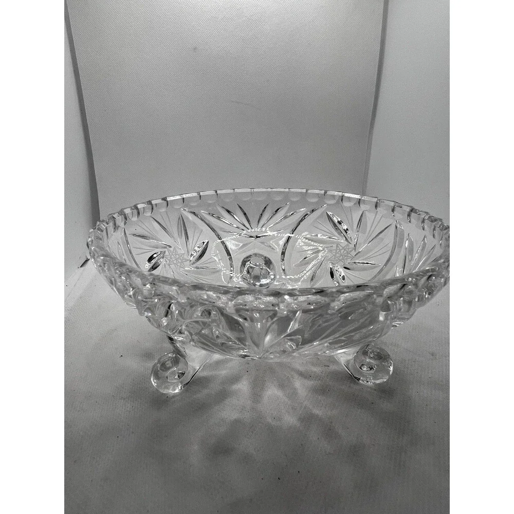 Vintage 3 Footed Bowl Caddy with Etched Flowers 6” clear glass art